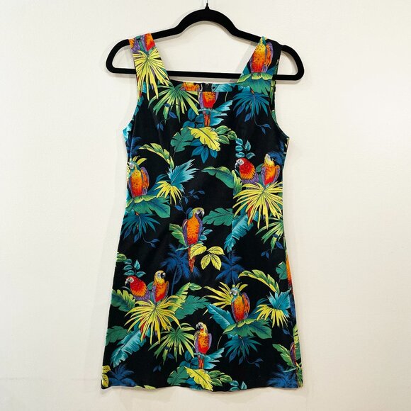 Vintage Tropical Parrot Print Mini Dress - Black, Red, Yellow, Green - Picture 1 of 4